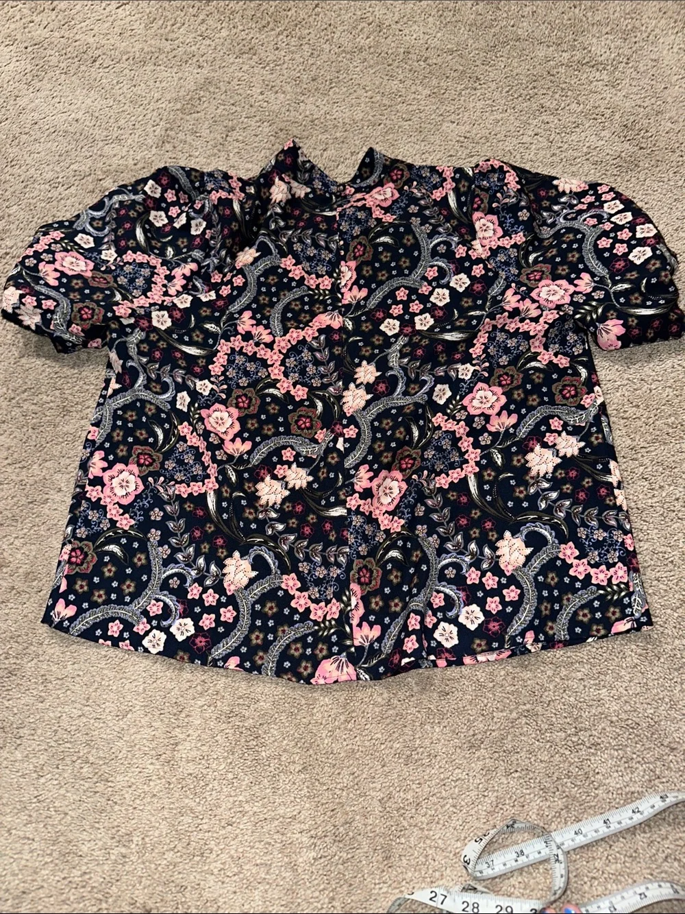LOFT Navy Floral Peasant Blouse with Pink Flowers
